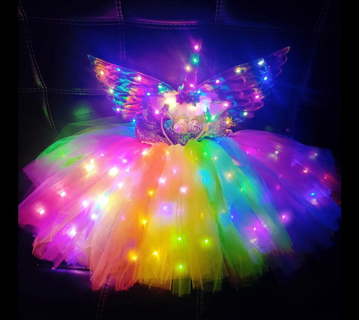 Shinyou Girls Unicorn Costume Dress Up Led Light Up Unicorn Tutu Dress Birthday Outfit For Halloween 7-8Y Deep Rainbow+Wing
