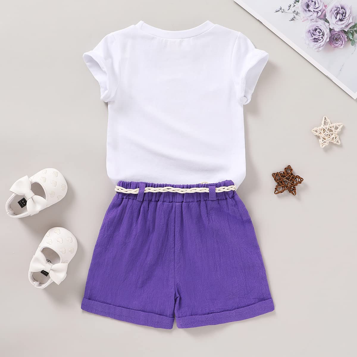 Younger Tree Toddler Baby Girl Summer Clothes Ice Cream Printed T-Shirt Purple Shorts With Belt Little Girls Casual Outfit Cloth