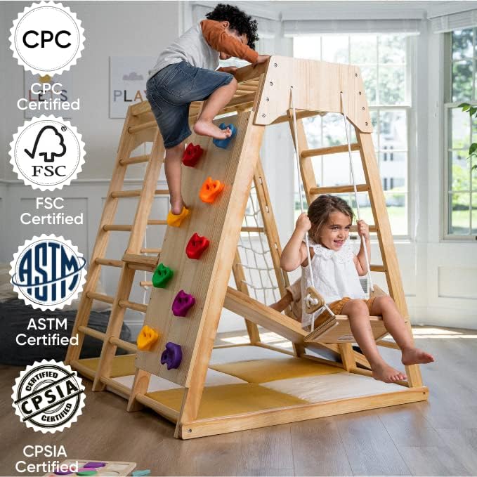 Avenlur Magnolia Indoor Playground 6-In-1 Jungle Gym Montessori Waldorf Style Wooden Climber Playset Slide, Rock Climbing Wall,