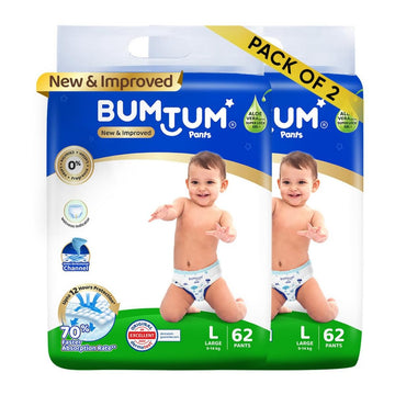 Bumtum Baby Diaper Pants, Large Size, 124 Count, Double Layer Leakage Protection Infused With Aloe Vera, Cottony Soft High Absor