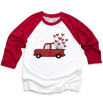 Yzmi Valentines Day Shirt Toddler Boy Girl Raglan 3/4 Sleeve Valentines Outfit Truck Love Heart Graphic Tee Tops Red 2-3T