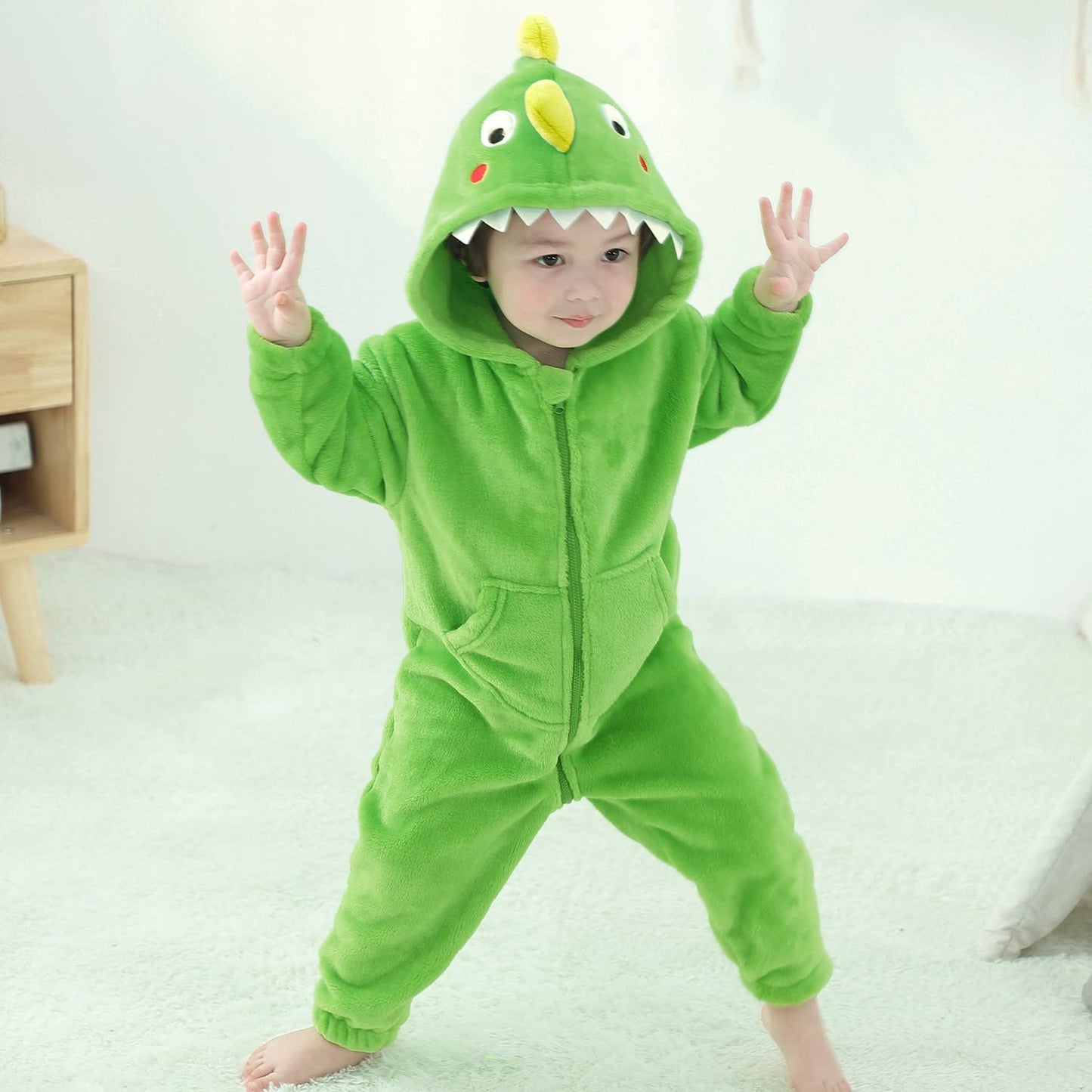 Lolanta Boys' Girls' Costume Flannel Jumpsuit Dinosaur Soft One Piece Animal Kids Halloween Birthday Gift (Dark Green, 6-7 Years