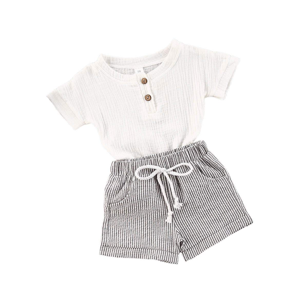 Baby Boys Short Sleeve T-Shirt Tops Elastic Waistband Shorts Set Toddler2Pcs Summer Outfits Clothes (Linen White + Strips, 18-24