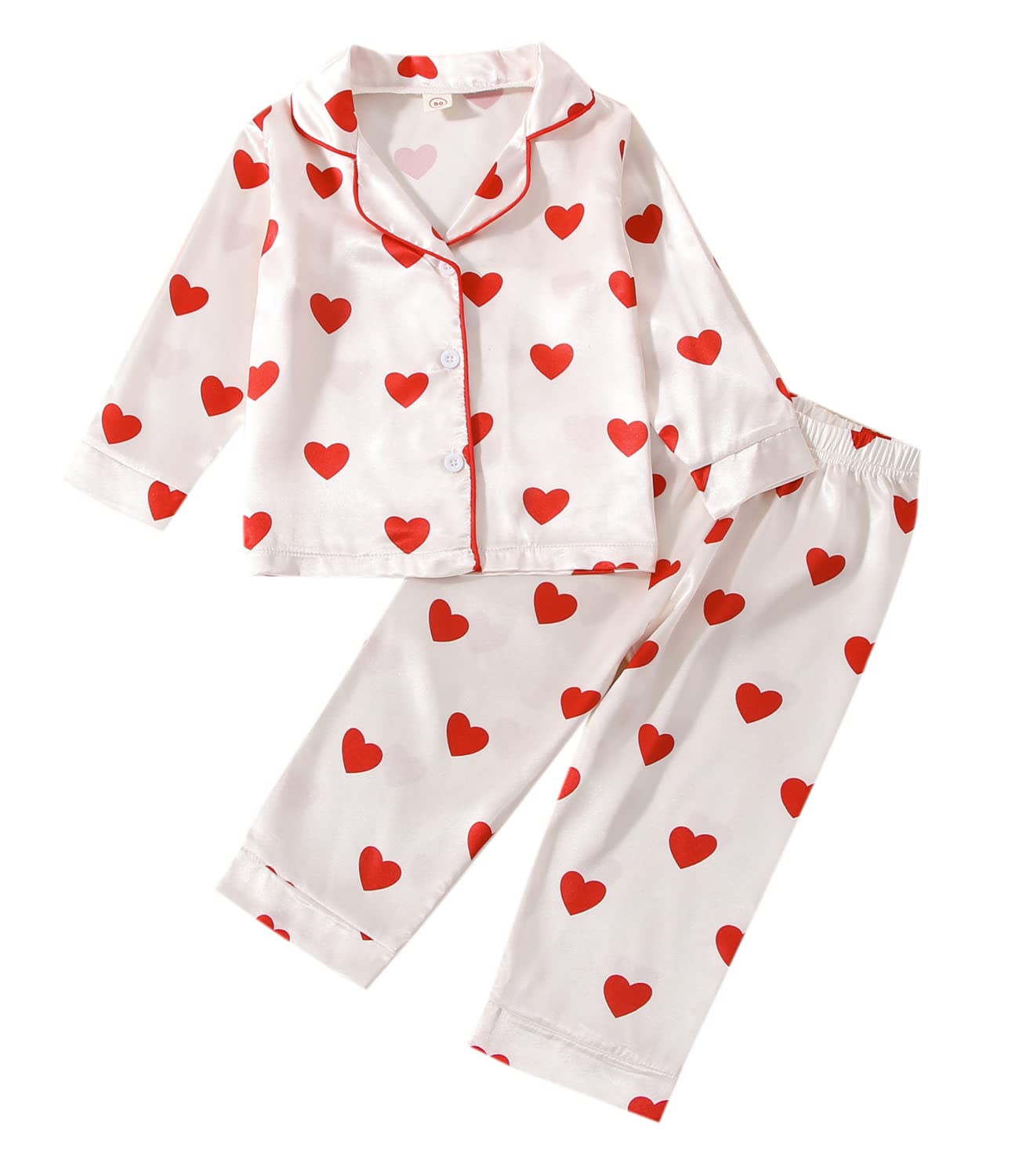 Qiylii Toddler Kids Baby Girl Satin Pajamas Set, Heart Print Valentine'S Day Silk Pajamas Sleepwear 2Pc Valentine Satin Pjs (2T,