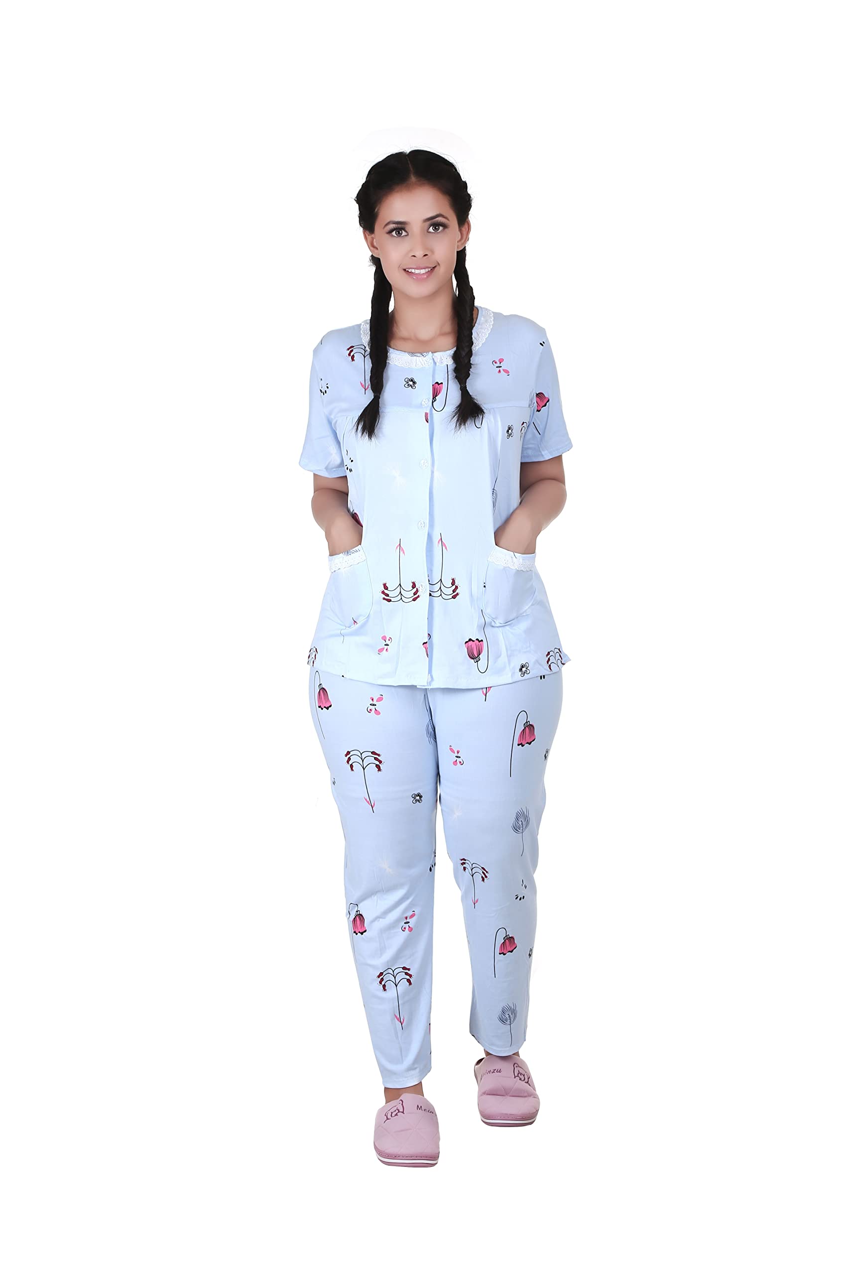 MUKHAKSH (Pack of 1 Set = 1 Pyjamas + 1 Top Girls Summer Cotton Beautiful Blue Night Suit Night Wear Lounge Wear Pyjamas Setvery