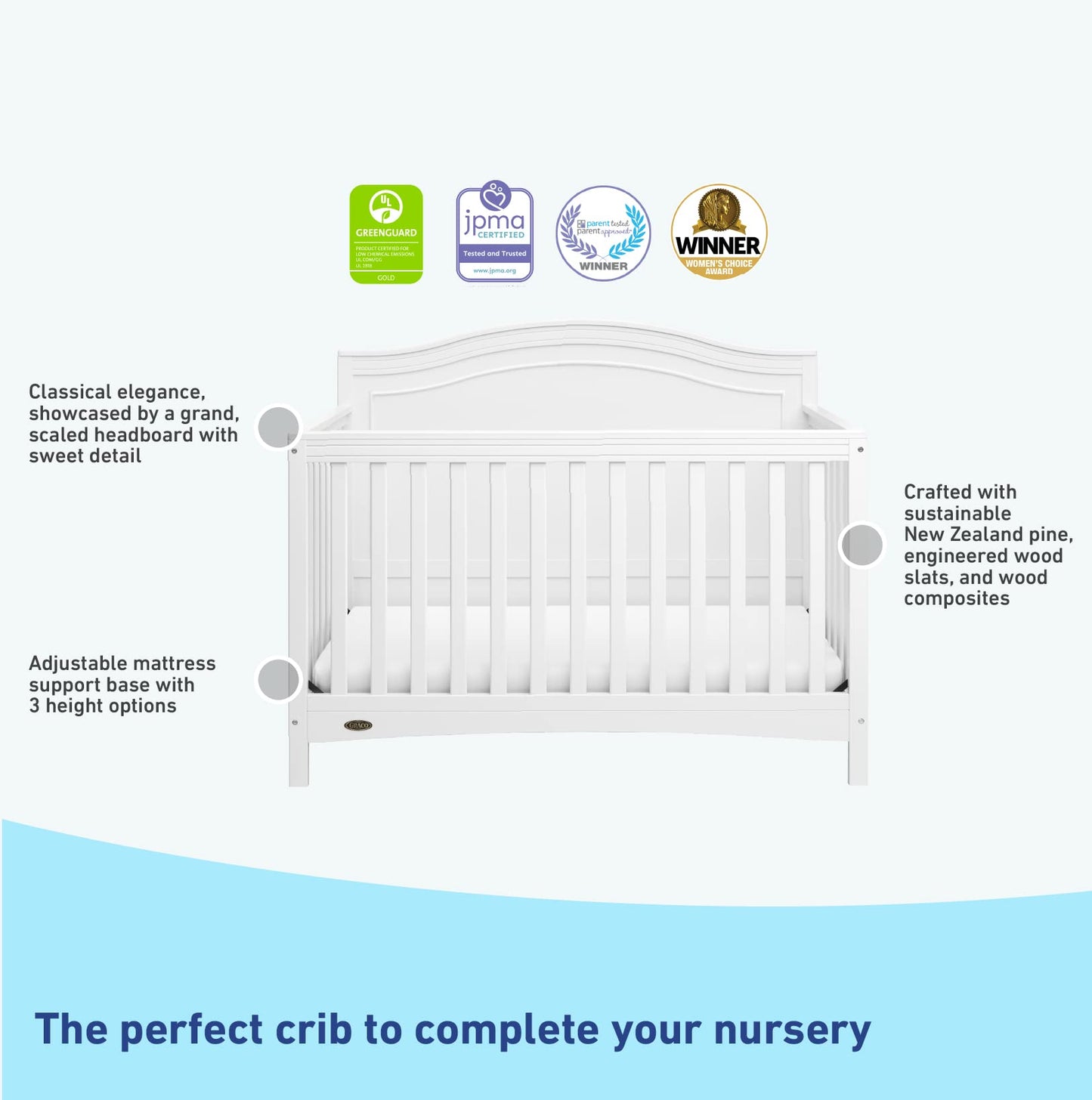 Graco Paris 4-In-1 Convertible Crib (White) - Greenguard Gold Certified, Converts To Toddler Bed, Daybed And Full Bed, Fits Stan