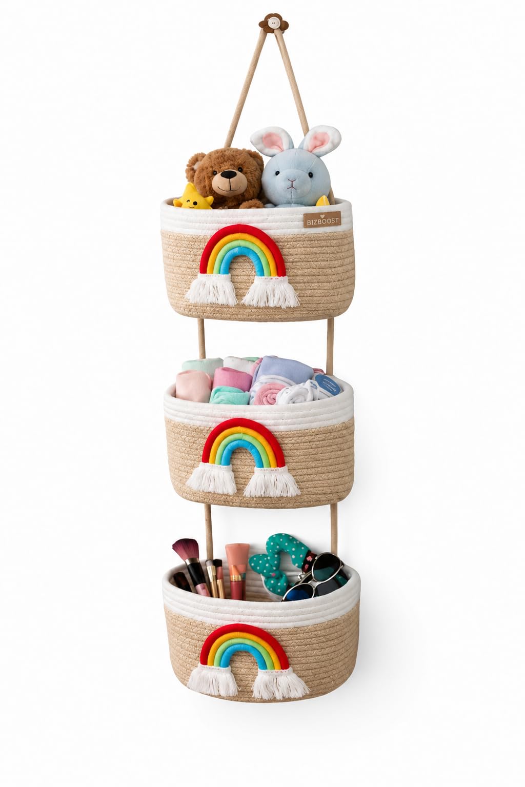 bizb Cotton Rope 3Tier Wall Hanging Basket, Bohemian Style, Rainbow Theme, Oval, Wall Mounted Storage Organiser