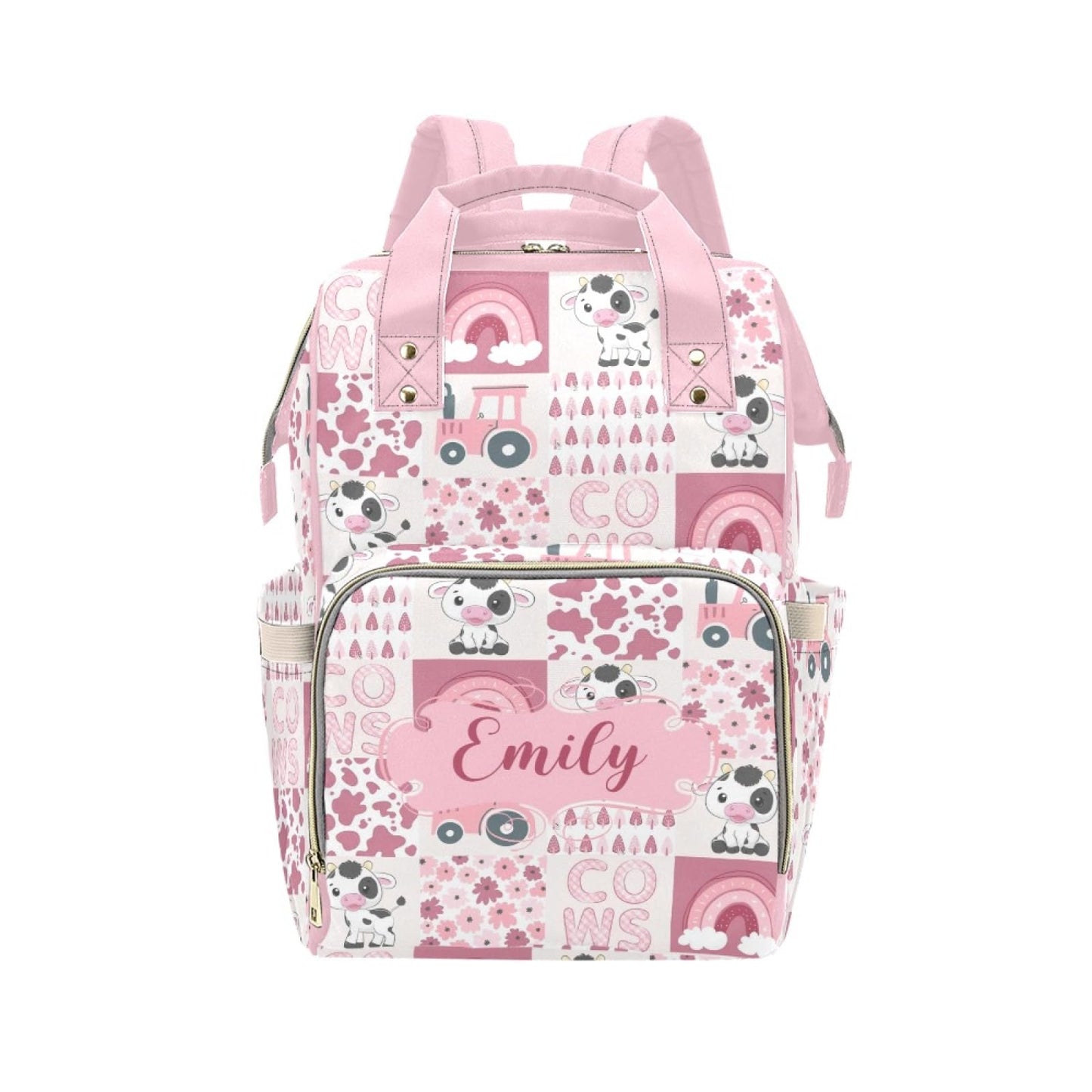 Noverbibi Personalized Cute Cow Pink Diaper Bag with Name - Custom Baby Bag, Nursing Tote Backpack for Mom, Custom Name Mommy Da
