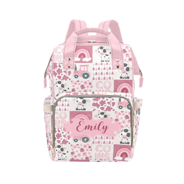 Noverbibi Personalized Cute Cow Pink Diaper Bag with Name - Custom Baby Bag, Nursing Tote Backpack for Mom, Custom Name Mommy Da