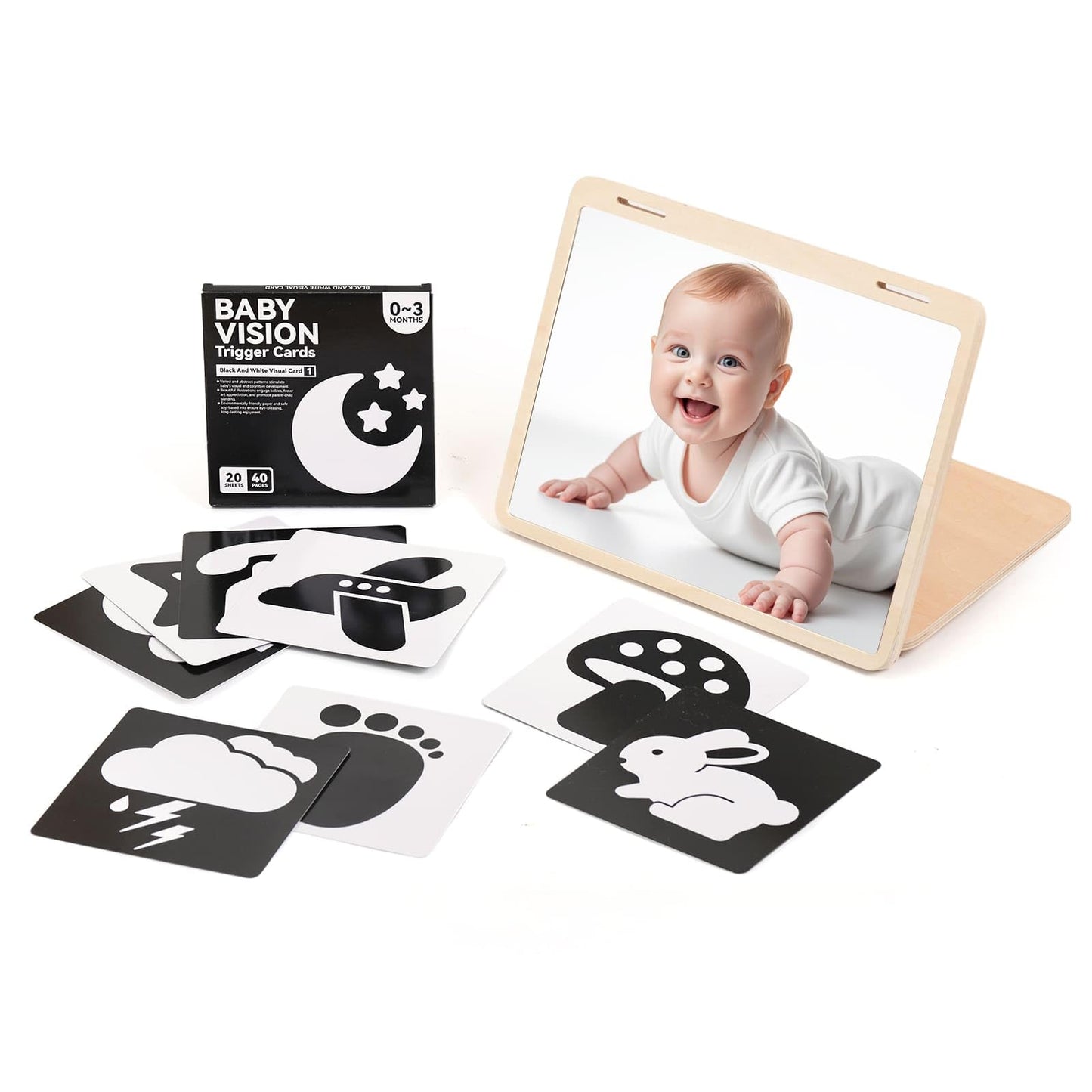IEATFO Tummy Time Play Set Adjustable Angle, Double-Sided Design, Montessori Tummy Time Toys Large Baby Safe Mirror and Card Dis