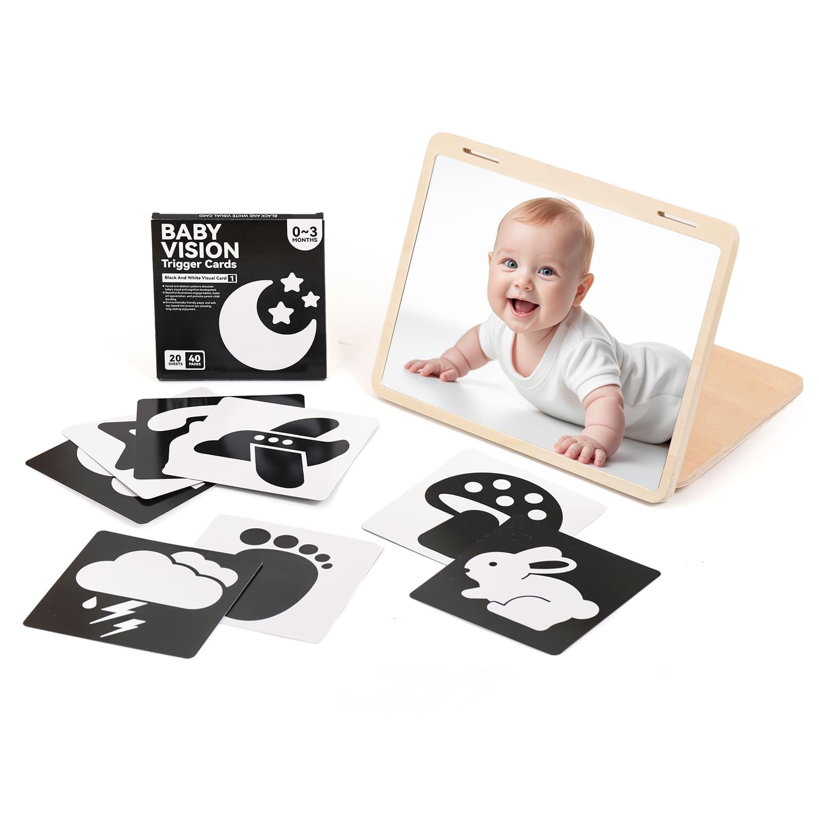 IEATFO Tummy Time Play Set Adjustable Angle, Double-Sided Design, Montessori Tummy Time Toys Large Baby Safe Mirror and Card Dis