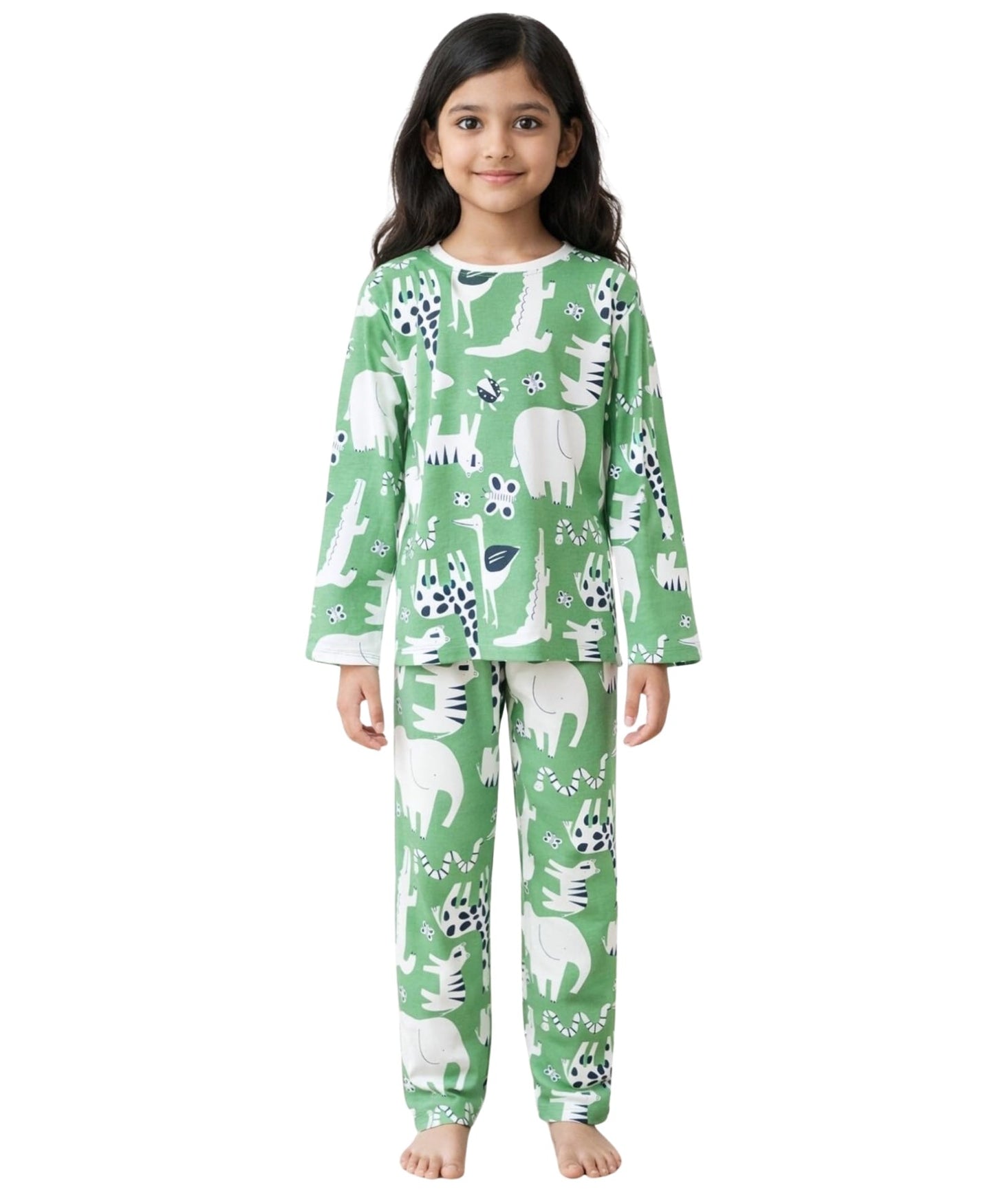 ANTHRILO Pajama TShirt Set for Girls | Kids Night Suit for Girls | Nightwear | 100% Cotton Pyjama Set Animal Print Green | Long