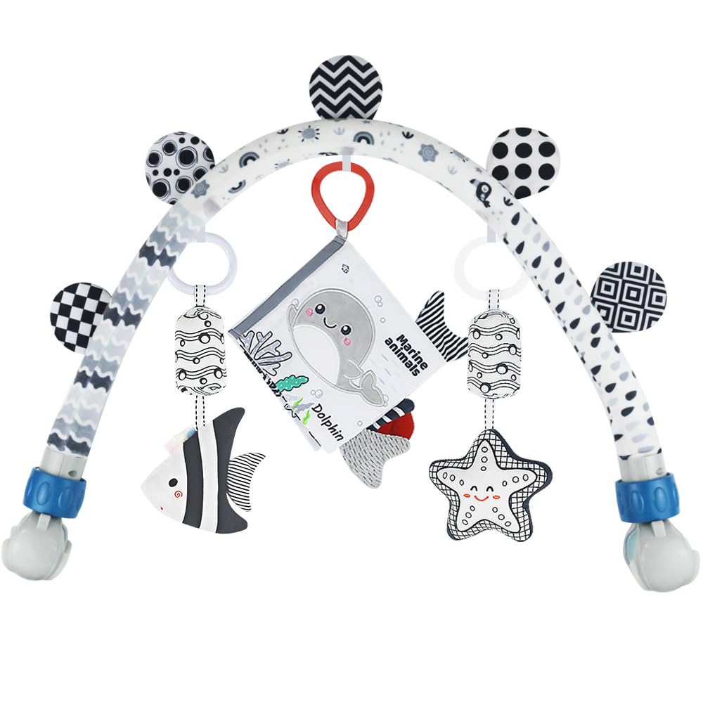 Baby Activity Travel Mobile Arch Bassinet Toy, Black and White High-Contrast Crib Toys, with Rattle and Book, Strolle,Pram and C