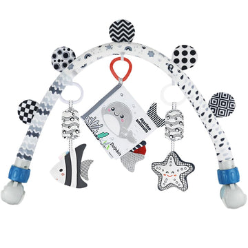 Baby Activity Travel Mobile Arch Bassinet Toy, Black and White High-Contrast Crib Toys, with Rattle and Book, Strolle,Pram and C