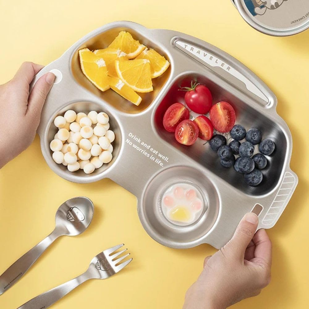 Happy Hues Stainless Steel Divided Meal Plate Tray3 Compartments Dinner Dish For Baby (Bus 02)