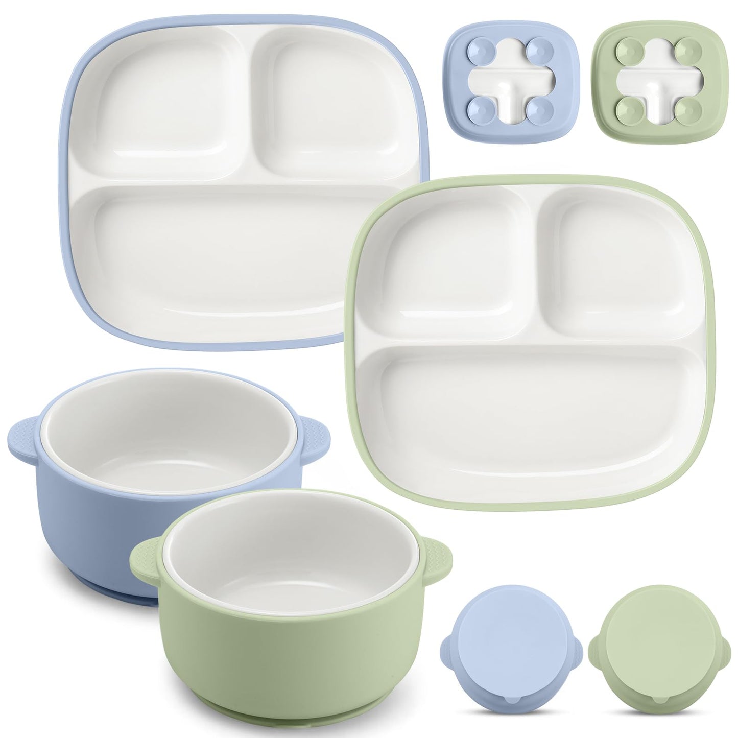 Domensi 4 Pcs Square Porcelain Kid Plate and Bowl Set with Suction, 2 Ceramic Toddler Divided Plate 2 Baby Anti Slip Silicone Sl