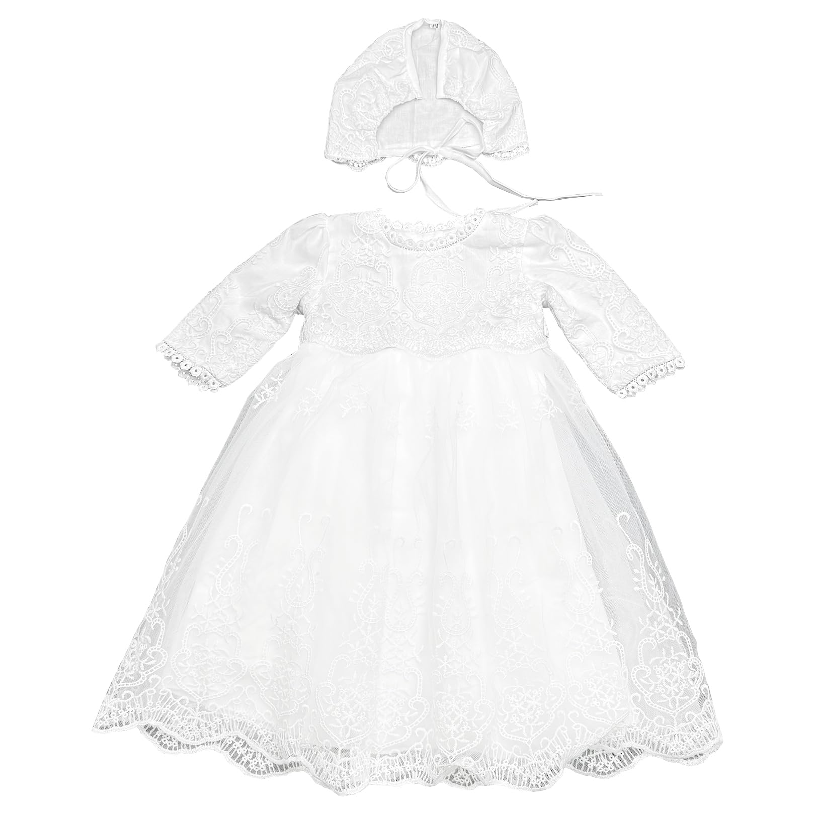 Baby Girls Long Sleeve Christening Dress Classic Embroidered Baptism Tulle Dress With Bonnet Ivory Size 6M