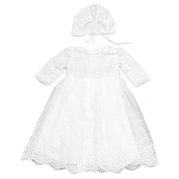 Baby Girls Long Sleeve Christening Dress Classic Embroidered Baptism Tulle Dress With Bonnet Ivory Size 6M