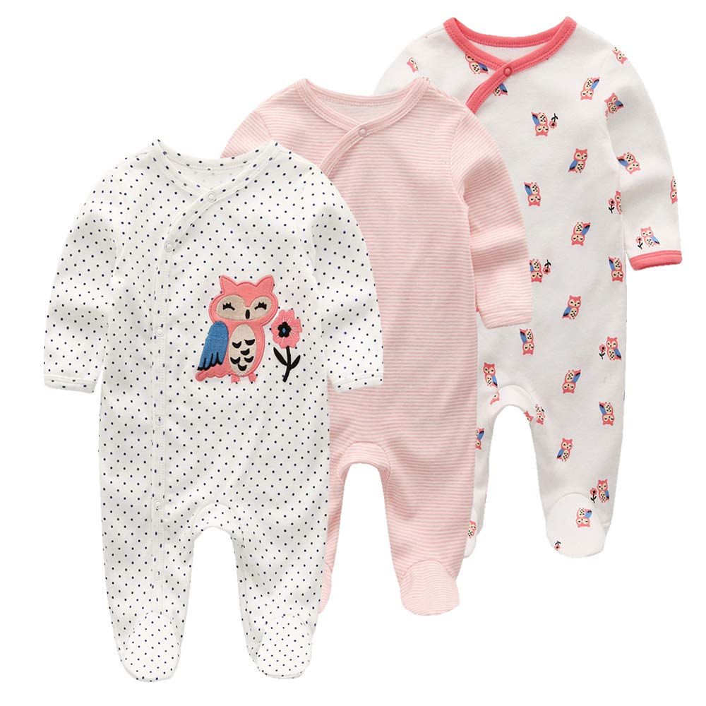 Newborn Baby Boy Girl Cotton Bodysuit Long Sleeve Jumpsuit 3-Pack Outfits Clothes Pink