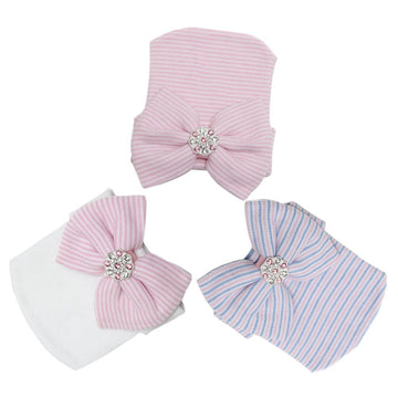 Dreshow Bqubo 3 Pack Newborn Hospital Hat Infant Baby Hat Cap With Big Bow Soft Cute Knot Nursery Beanie