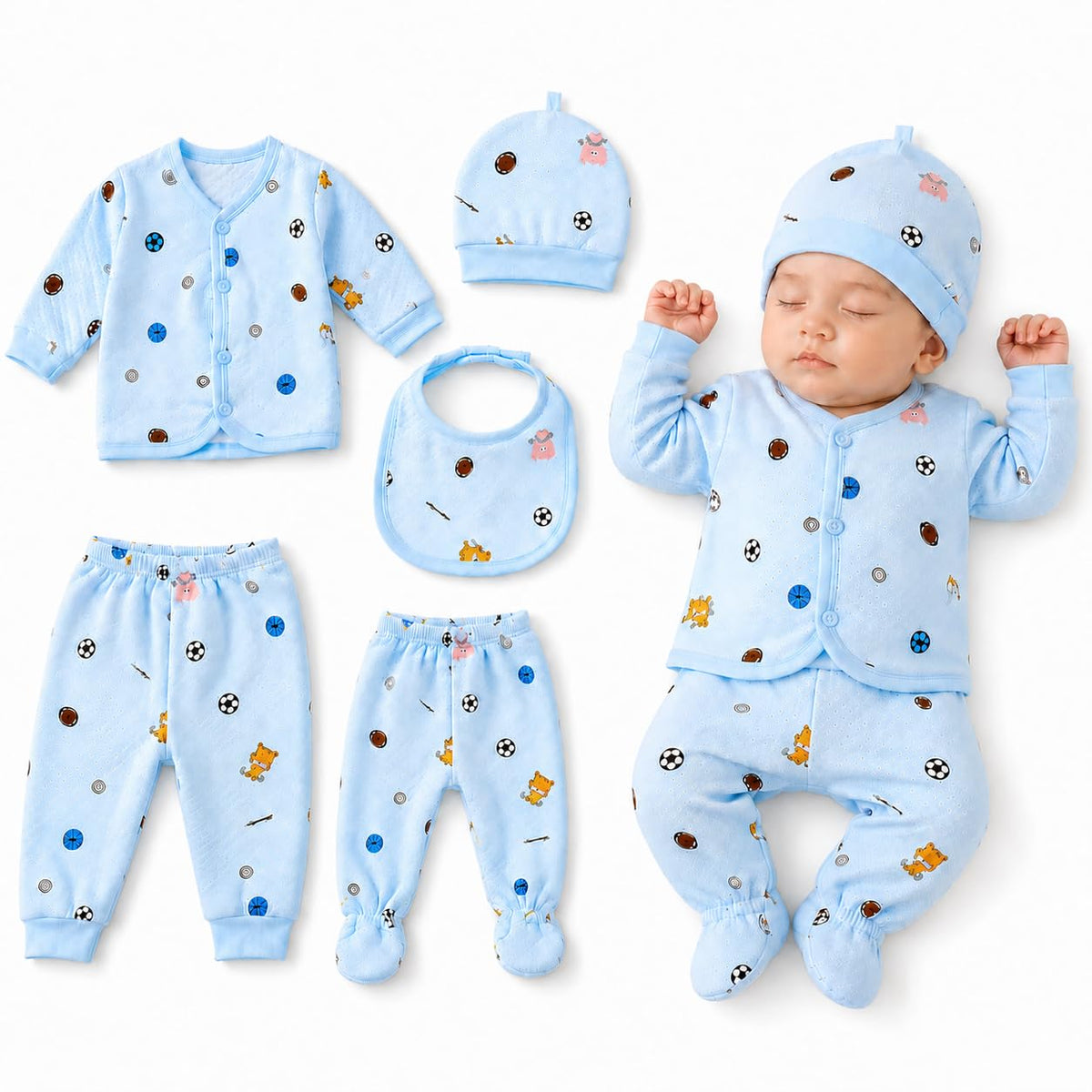 Newborn Baby Clothes Set 03 Months, 5Piece Quilted Cotton Clothing Set with Top, Pants, Footed Pyjama, Cap & Bib, Printed Unis