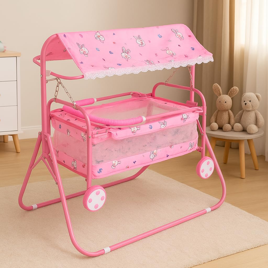 Avani Metrobuzz Small Baby Cradle With Wheels, Foldable Design With Canopy For For 06 Months Baby Boys And Girls (Pink)