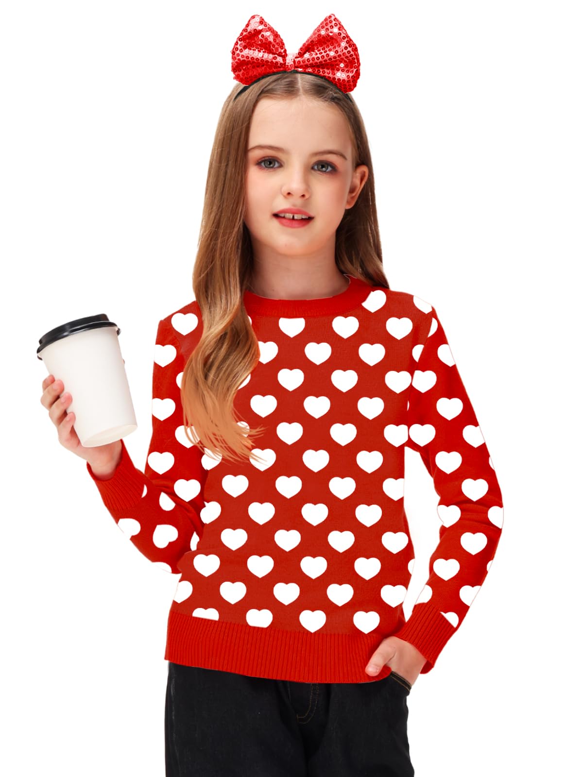 Toddler Girls Valentines Sweaters Kids Love Long Sleeve Sweatshirt White Hearts Outfit Tops Red 3-4 Years
