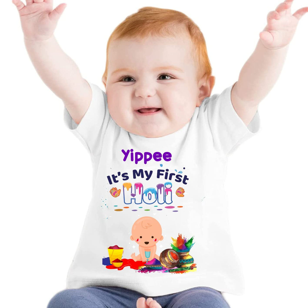 Gift Jaipur Polyester Yipee Its My First Holi Regular Fit Tshirt For Kids Baby Boy Girl Infant Unisex Half Sleev Round Neck Tshi