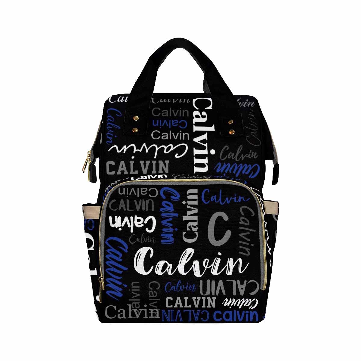 Artsadd Personalized Diaper Bag With Name, Customized Black And Blue Monogram Nappy Backpack With Thermal Pockets Multi-Function