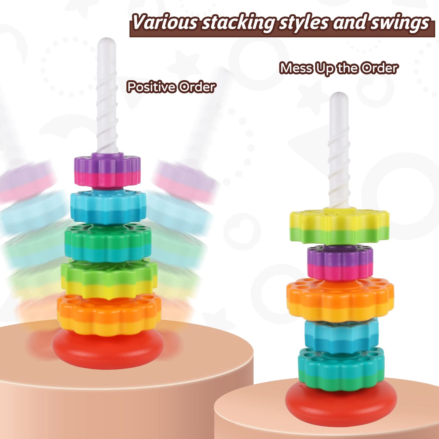 JUXUE Baby Spinning Stacking Toys for Toddlers 1-3, Rainbow Ring Stacker Montessori Toys for Babies 6-12 Months, 1 2 3 One Year