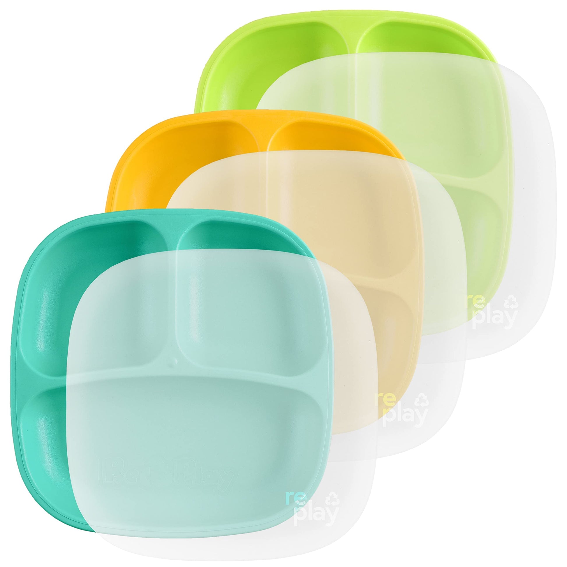 Re Play 7' Divided Plate With Silicone Lid 3 Pack - Made With Medical-Grade Platinum Silicone - 3 Plates + 3 Lids - Aqua Asst