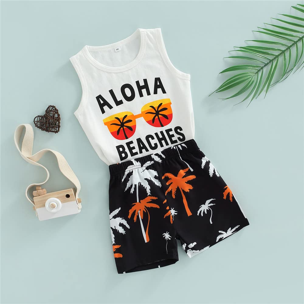 Fybitbo 2Pcs Baby Boys Summer Clothing Sets Cute Letters Print Sleeveless Tank Tops T-Shirt+Palm Shorts Outfits (B-White & Black