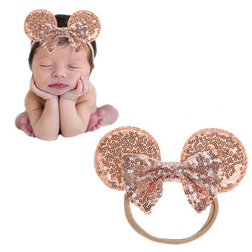 JIAHANG Mouse Ears Sequin Bow Nylon Hairband, Hair Bow Nylon Headband, Soft Elastic Costume Headwear for Baby Girl Newborn Toddl