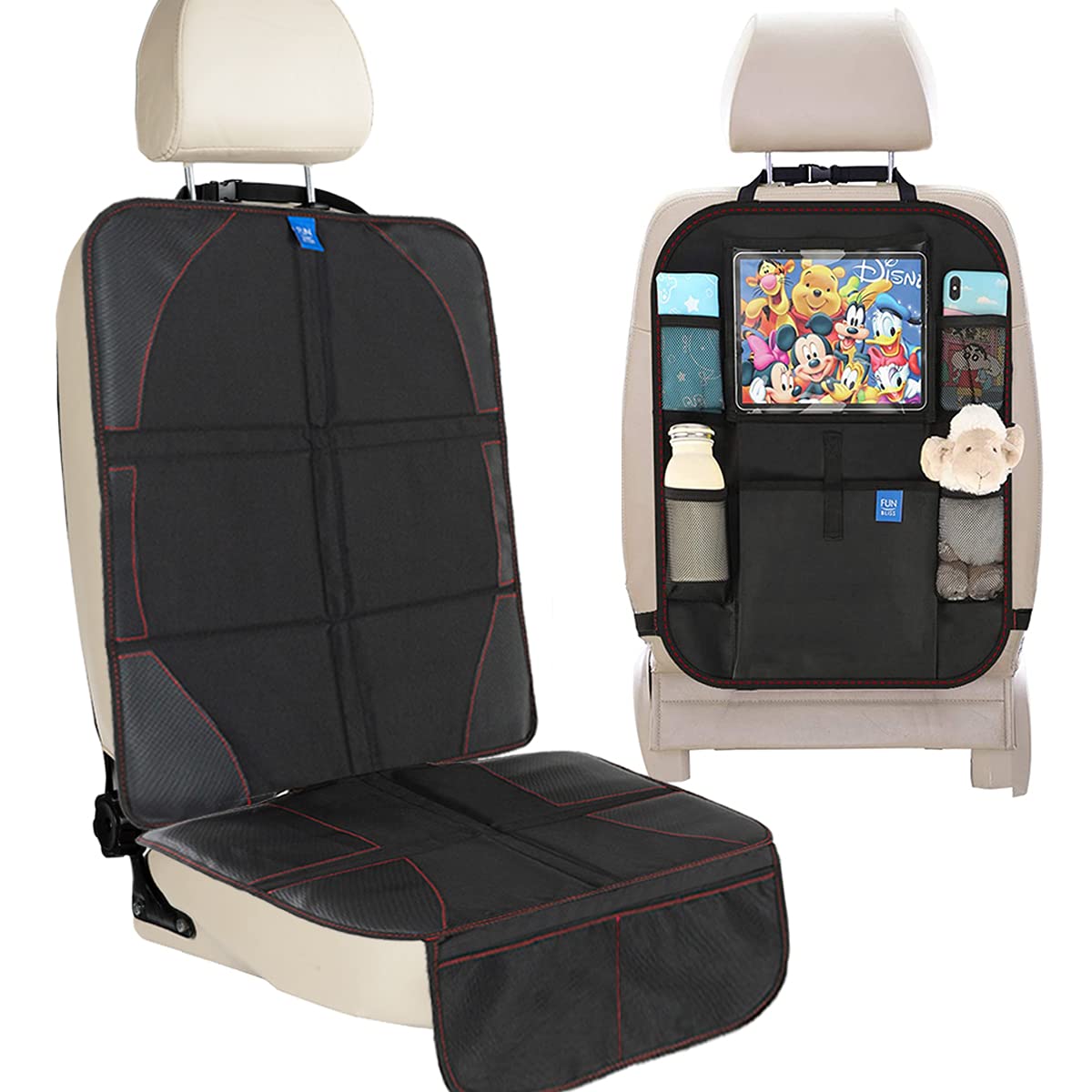 Funbliss Car Seat Protector + Kick Mats Car Backseat Organizer Black,Suitable For All Cars,Xl Largest Car Seat Cover For Child B