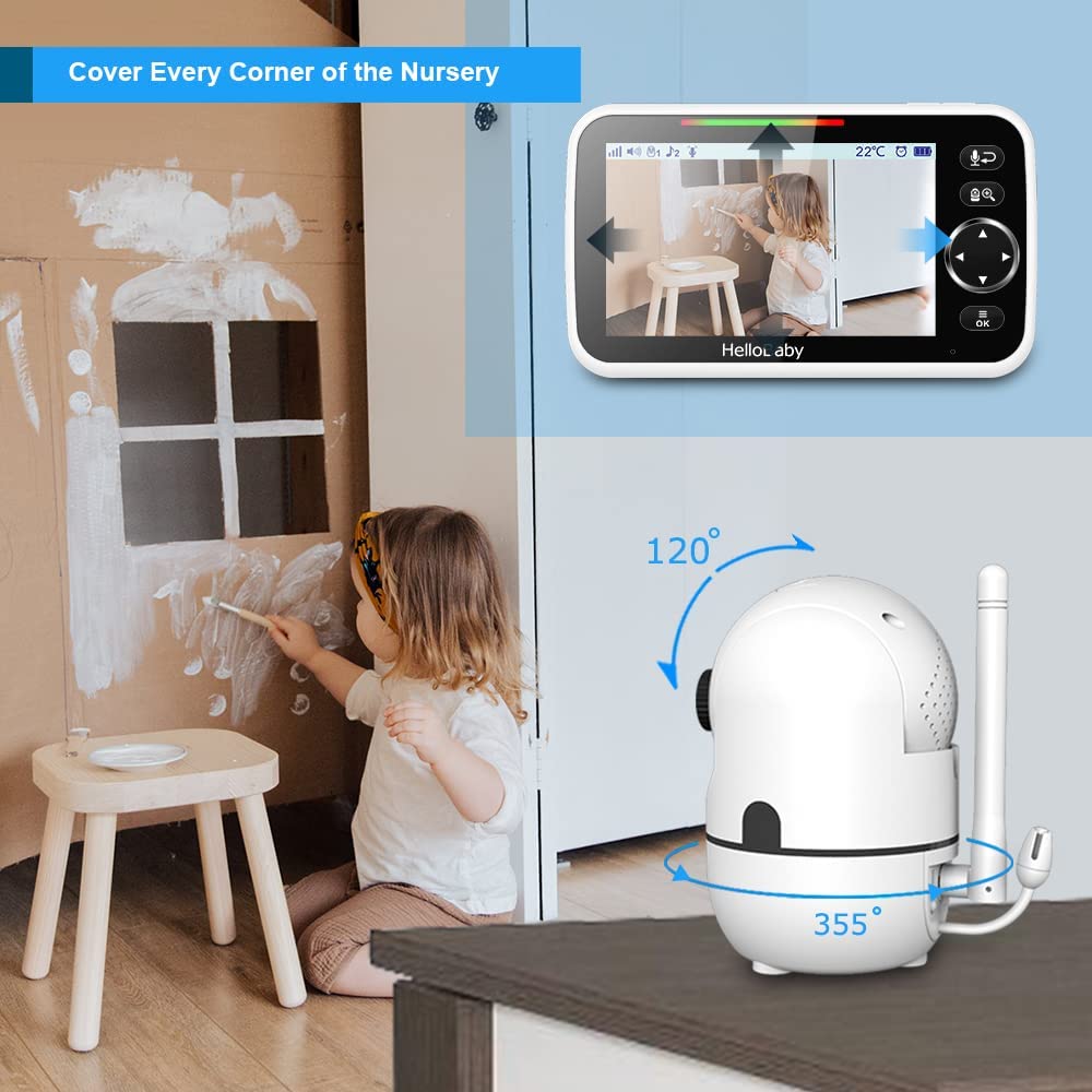 Hellobaby Hb6550 5' Baby Monitor 4 Cameras No Wifi, 26-Hour Battery, Pan-Tilt-Zoom, 1000Ft Range Video Audio Baby Monitor, Eco,
