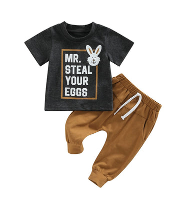 Easter Baby Boys Pants Set Short Sleeve Crew Neck Letters Rabbit Print T-Shirt +Sweatpants (Gray-Mr Steal Your Eggs, 18-24 Month