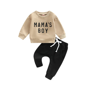 Fall Winter Toddler Baby Boy Outfits Letter Crewneck Sweatshirt Baby Pants Sweatsuit Cute Baby Clothes for Boys (Mama Boy-Beige,