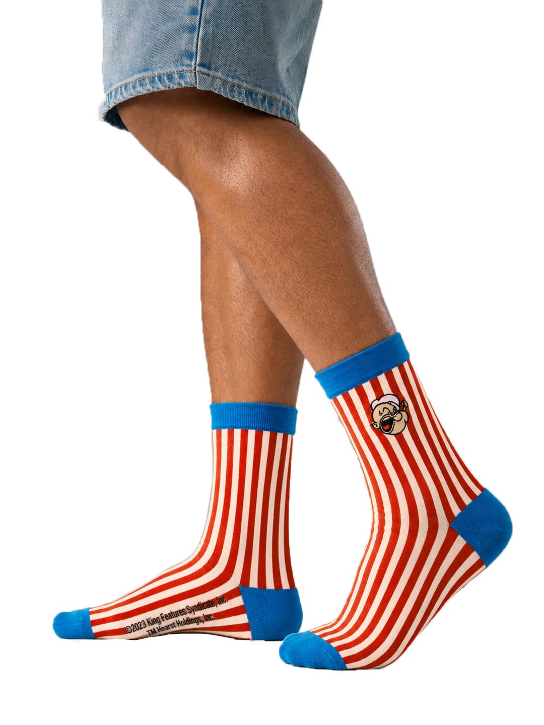 The Souled Store Popeye: Spinach Power Socks  Unisex Crew Length Cotton Blend Striped | Embroidered Character Graphic | Urban S