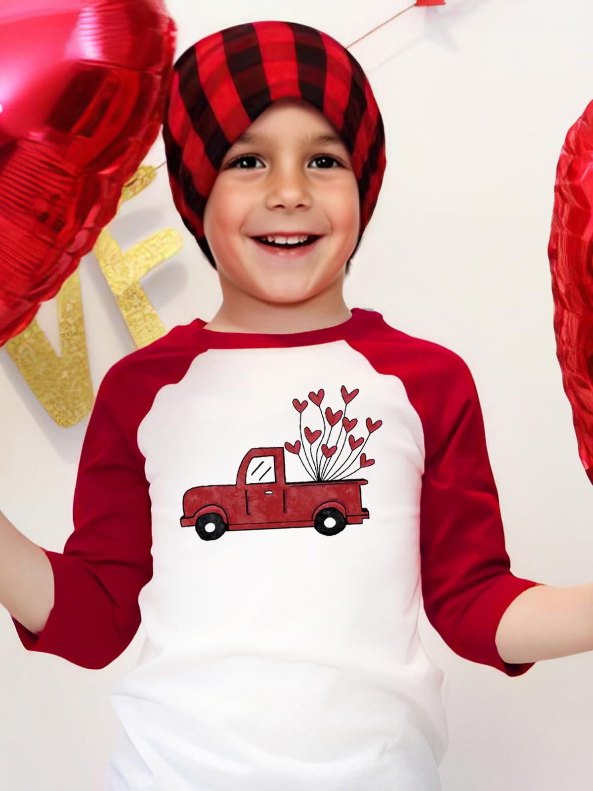 Yzmi Valentines Day Shirt Toddler Boy Girl Raglan 3/4 Sleeve Valentines Outfit Truck Love Heart Graphic Tee Tops Red 2-3T