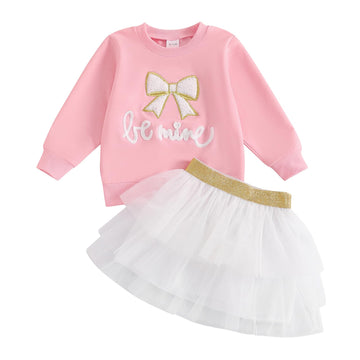 Toddler Baby Girl Valentine'S Day Outfit Love Heart Bow Sweatshirt And Tulle Tutu Skirts Little Girls Spring Clothes (White Be M