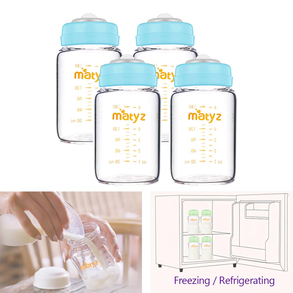 Matyz 4-Pack Wide Mouth Glass Breast Milk Storage Containers With Lids (Blue, 6 Oz Each) - Glass Freezer Safe Breastmilk Storage