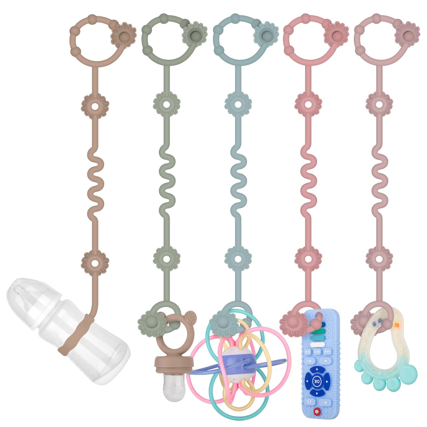 5 Pcs Toy Straps for Baby, Adjustable Stroller Accessories Toy Holder, Prevent Drop Silicone Pacifier Clip, Baby Travel Essentia