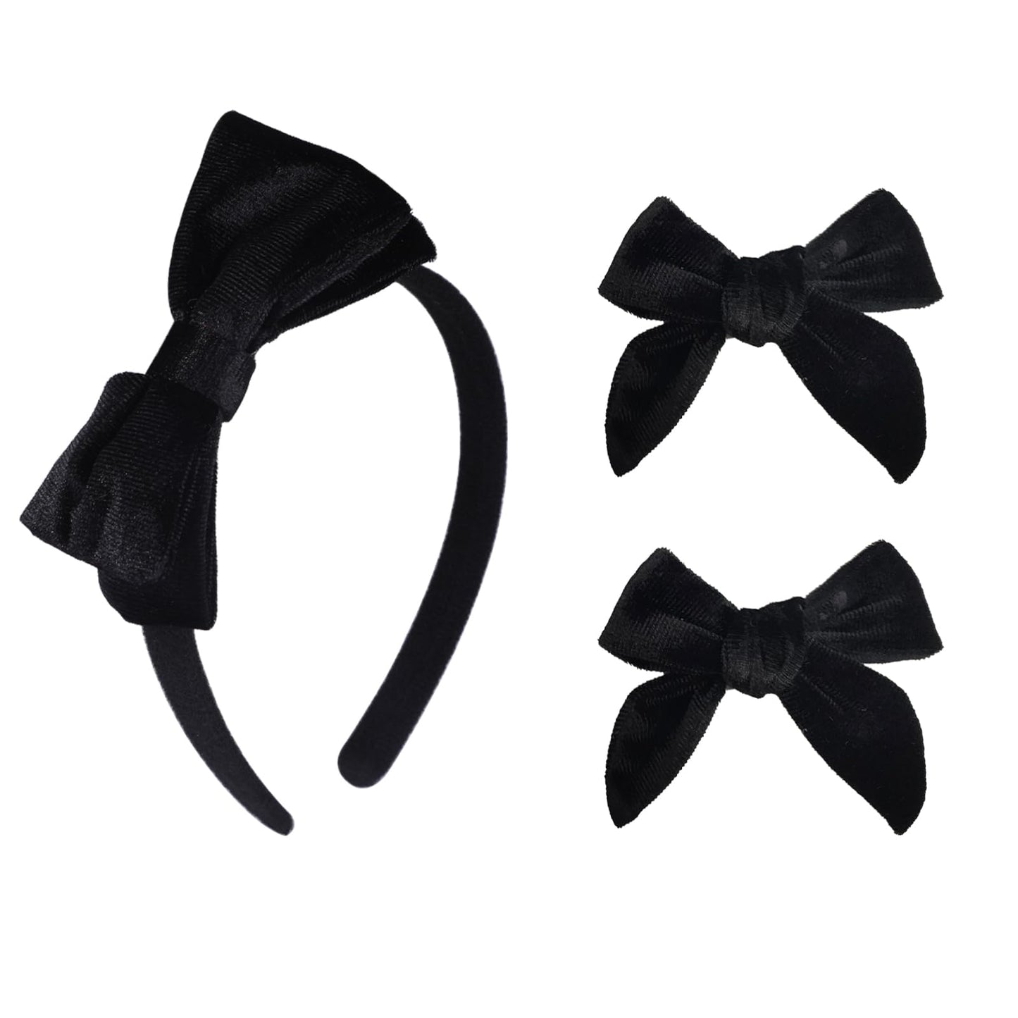 Black Velvet Bow Headband & 2 Pcs 4 Inch Hair Bows Set, Black School Hair Accessories For Little Toddler School Girls (Velvet Bl