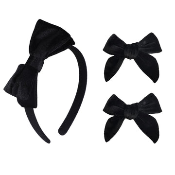 Black Velvet Bow Headband & 2 Pcs 4 Inch Hair Bows Set, Black School Hair Accessories For Little Toddler School Girls (Velvet Bl
