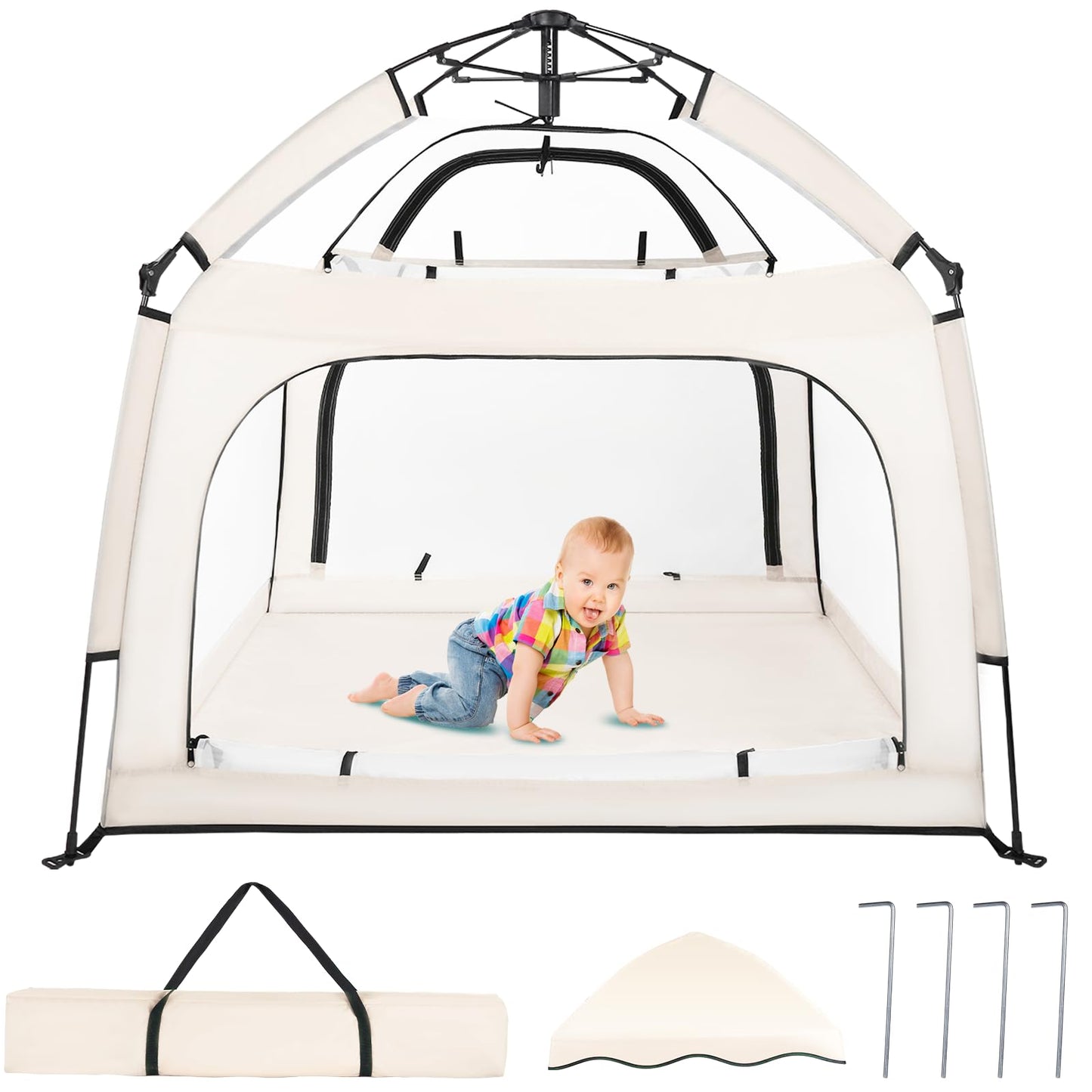 Bend River Portable Baby Playpen with Canopy, Infant Play Yard, Beach Tent, Mosquito Net for Indoor and Outdoor (Beige)
