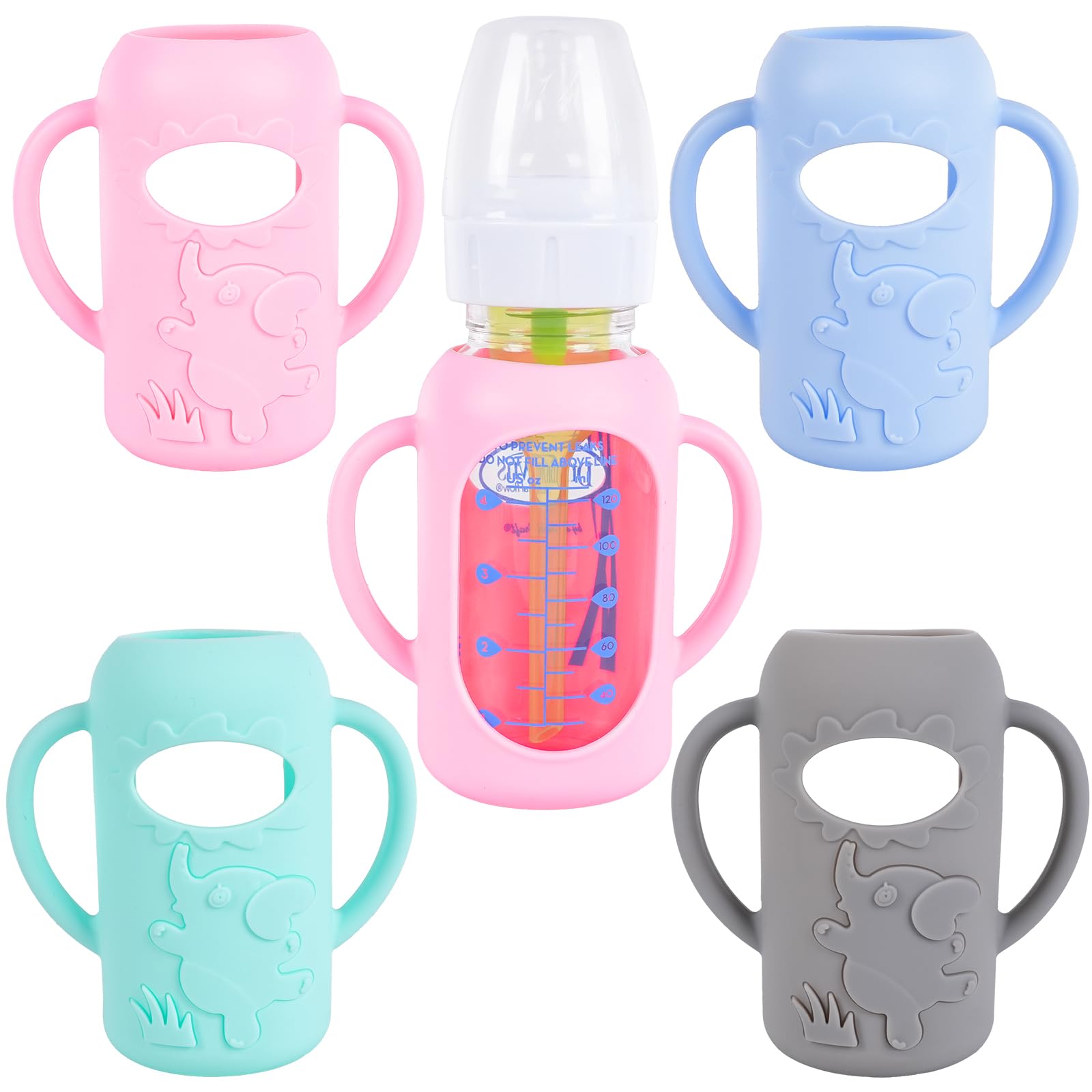 Gogengen Silicone Sleeves For Dr. Brown'S Glass Bottles, Anti-Breakage Baby Bottle Holder With Handle And Window, 4 Oz, 4 Pack,