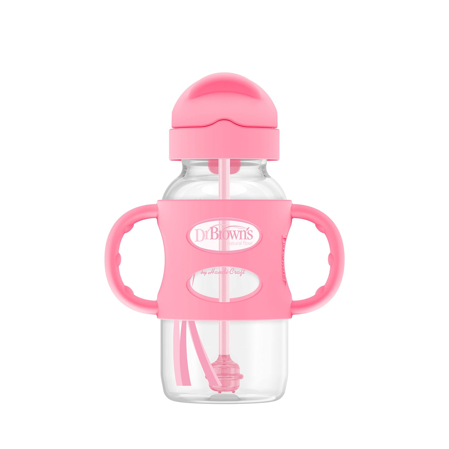 Dr. Brown'S Milestones Wide-Neck Sippy Straw Bottle With 100% Silicone Handles And Weighted Straw, 9 Oz/270 Ml, Pink, 6M+