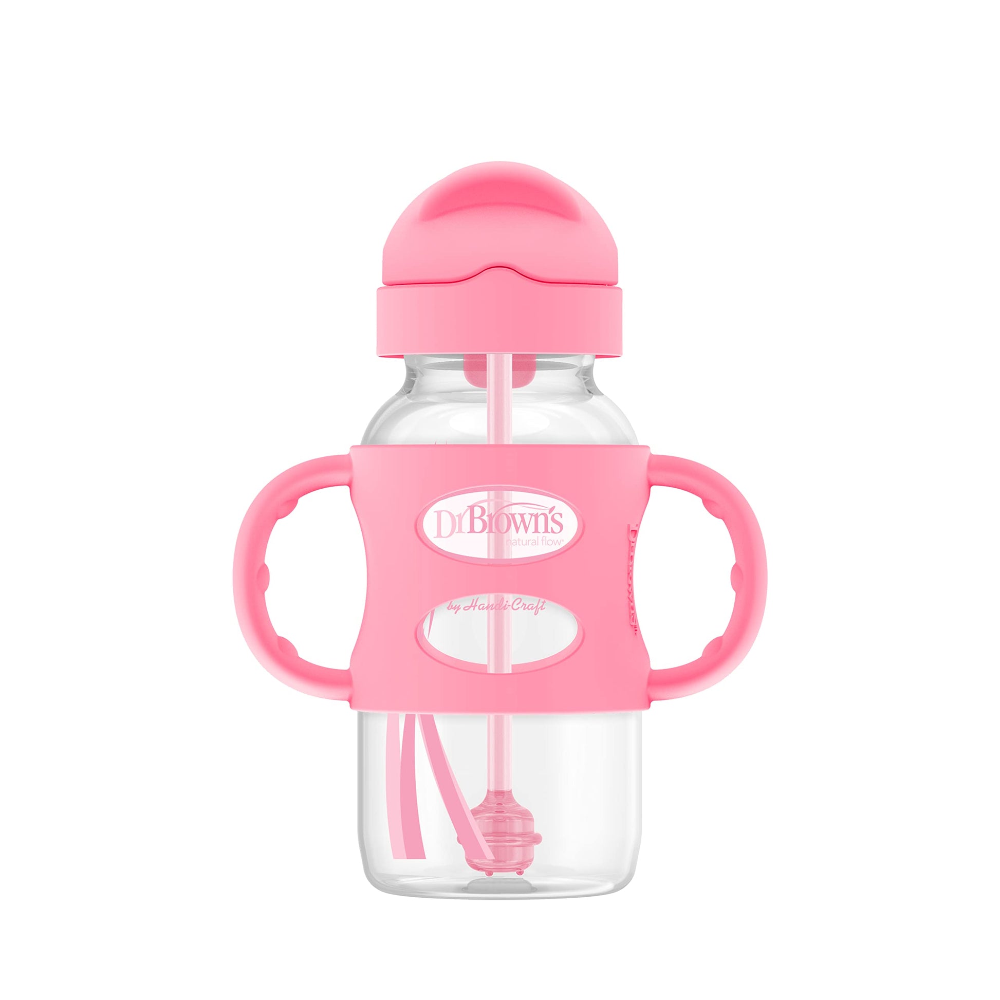 Dr. Brown'S Milestones Wide-Neck Sippy Straw Bottle With 100% Silicone Handles And Weighted Straw, 9 Oz/270 Ml, Pink, 6M+