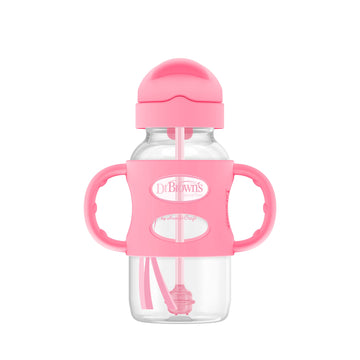 Dr. Brown'S Milestones Wide-Neck Sippy Straw Bottle With 100% Silicone Handles And Weighted Straw, 9 Oz/270 Ml, Pink, 6M+