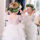 2Bunnies Girl Peony Lace Back A-Line Tiered Tutu Tulle Party Flower Girl Dress (White Sleeve Maxi, 5)
